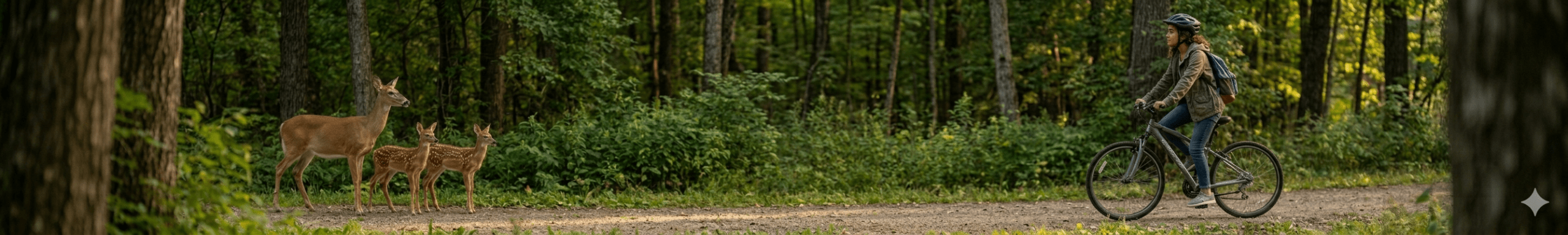 Girl on a bicycle stopping on a forest road watching a doe and her two fawns
