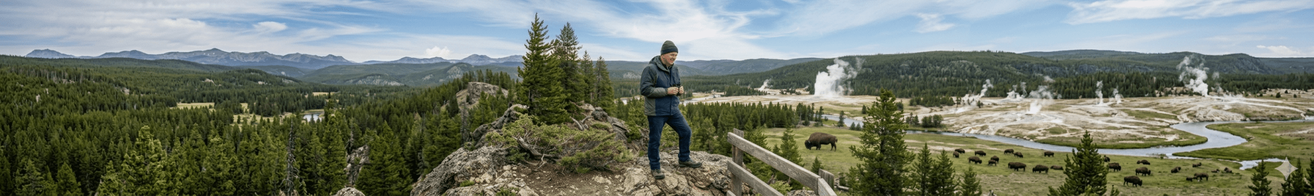 banner image of man in winter gear on a hill top overlooking a herd of buffalo