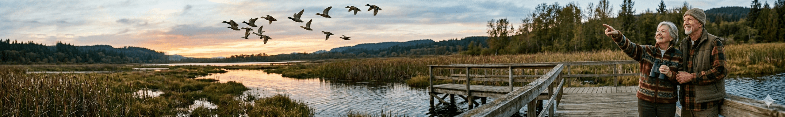 Elderly couple standing on a dock at a marsh, pointing up a flight of ducks at sunset