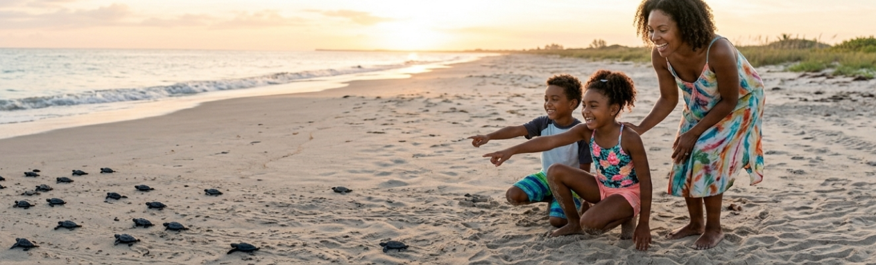 African American woman and her children kneeling on beach smiling and pointing at baby sea turtles scurrying towards the water