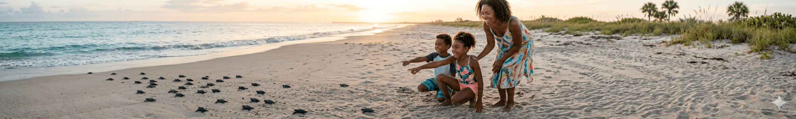 African American woman and her children kneeling on beach smiling and pointing at baby sea turtles scurrying towards the water