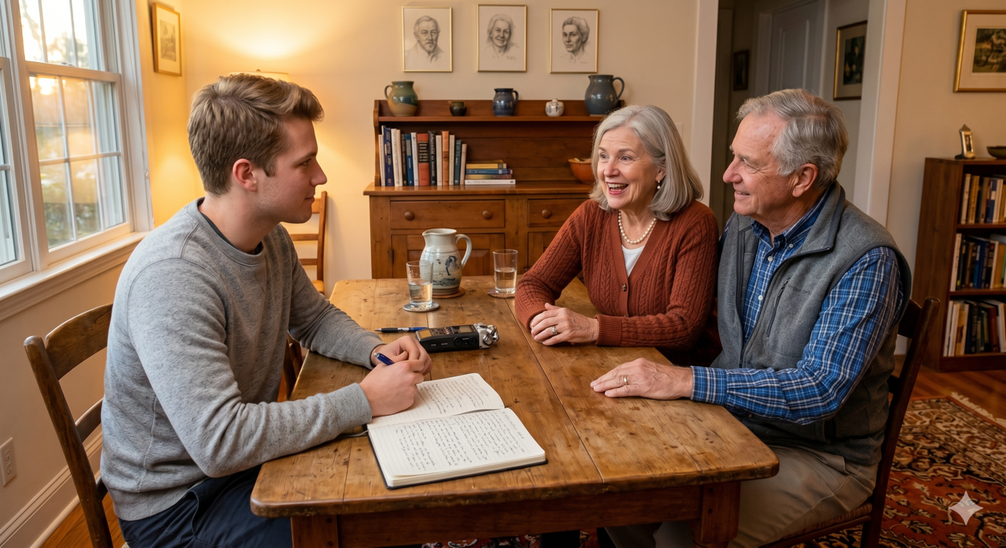 A young man interviewing a senior couple about why they gave a legacy donation for conservation