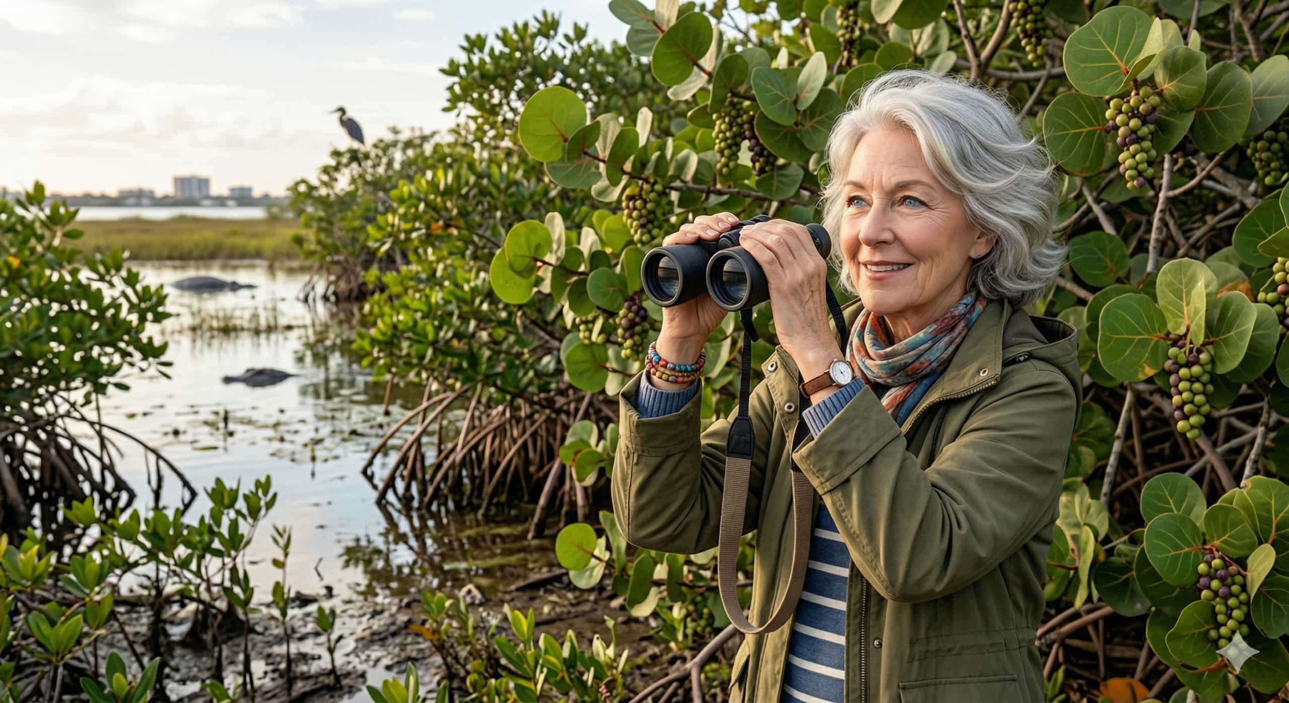 A smiling, silver-haired lady holding a pair of binoculars while observing birds at a wildlife conservation refuge. Mangroves, sea grapes, and swimming alligators compose the background.