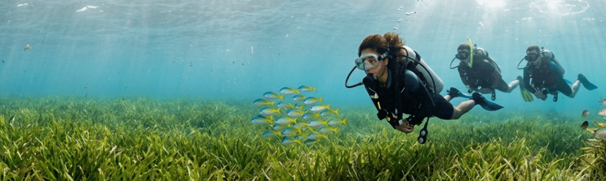 Three scuba divers swimming underwater over a large bed of sea grass